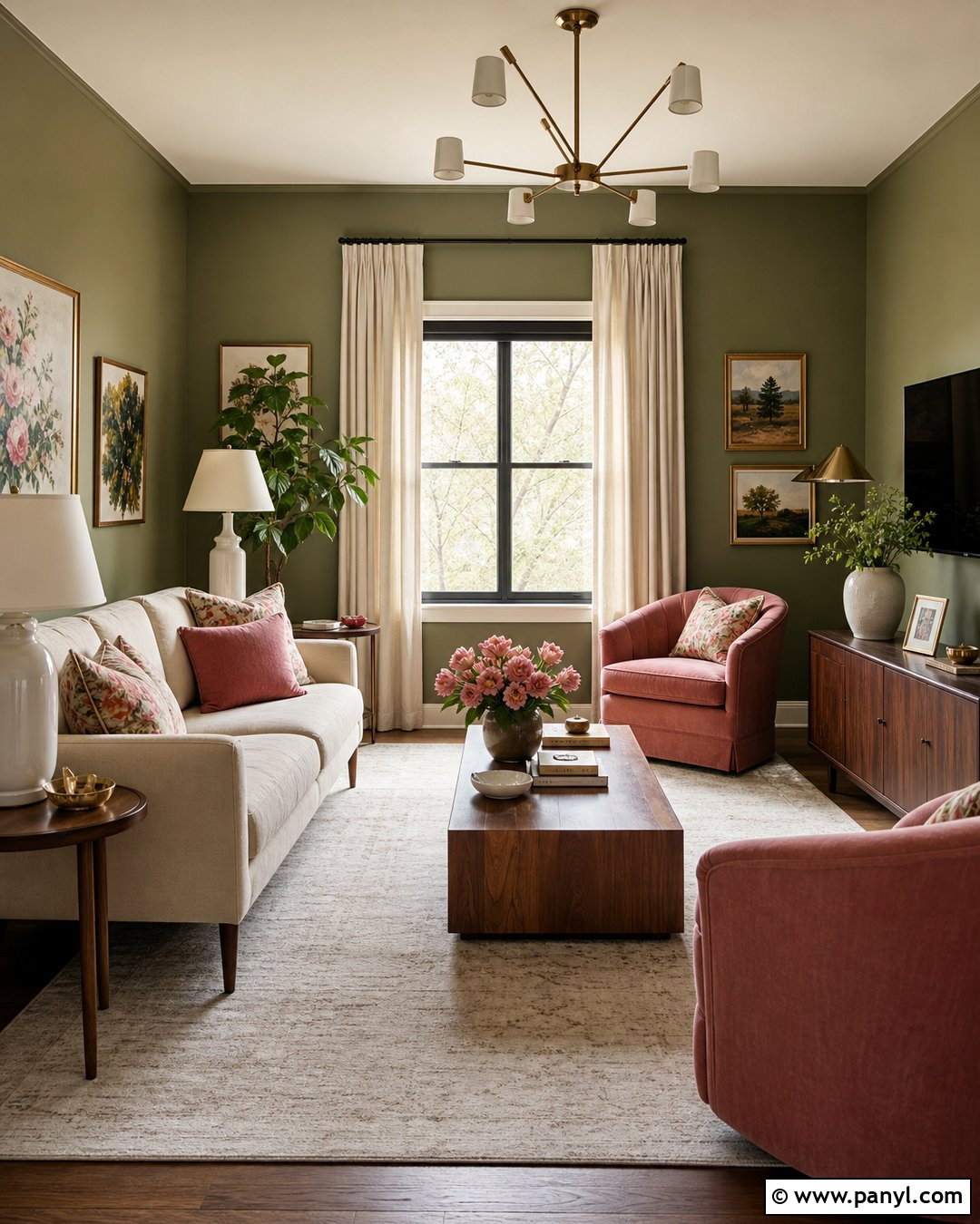 Avocado Green Living Room With Dusty Pink - 20 Avocado Green Wall Ideas