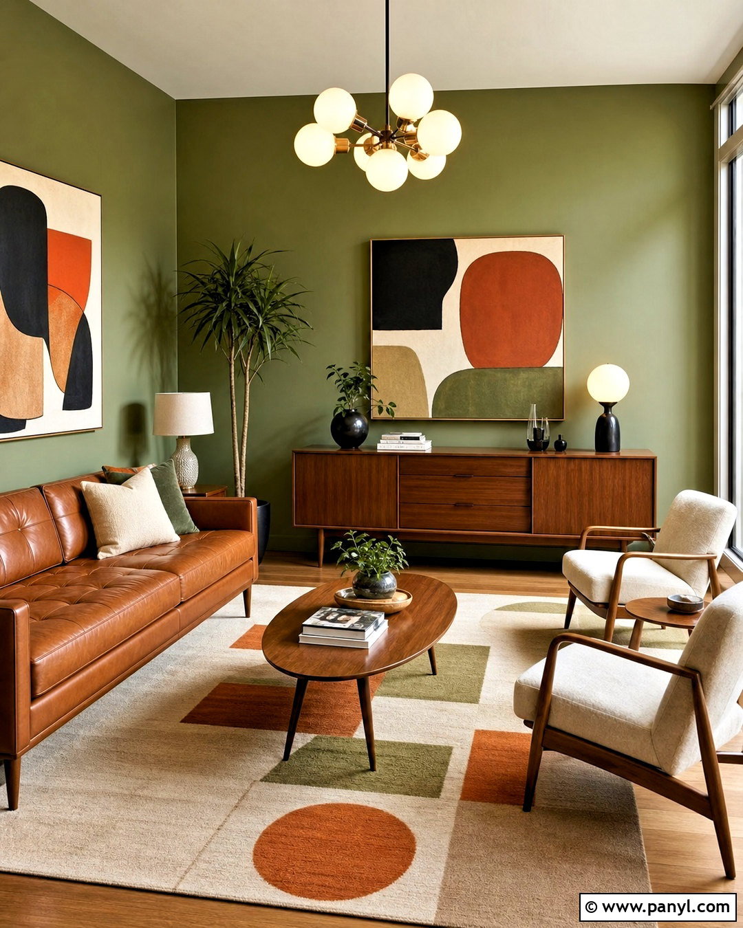 Avocado Green Midcentury Living Room - 20 green wall color ideas