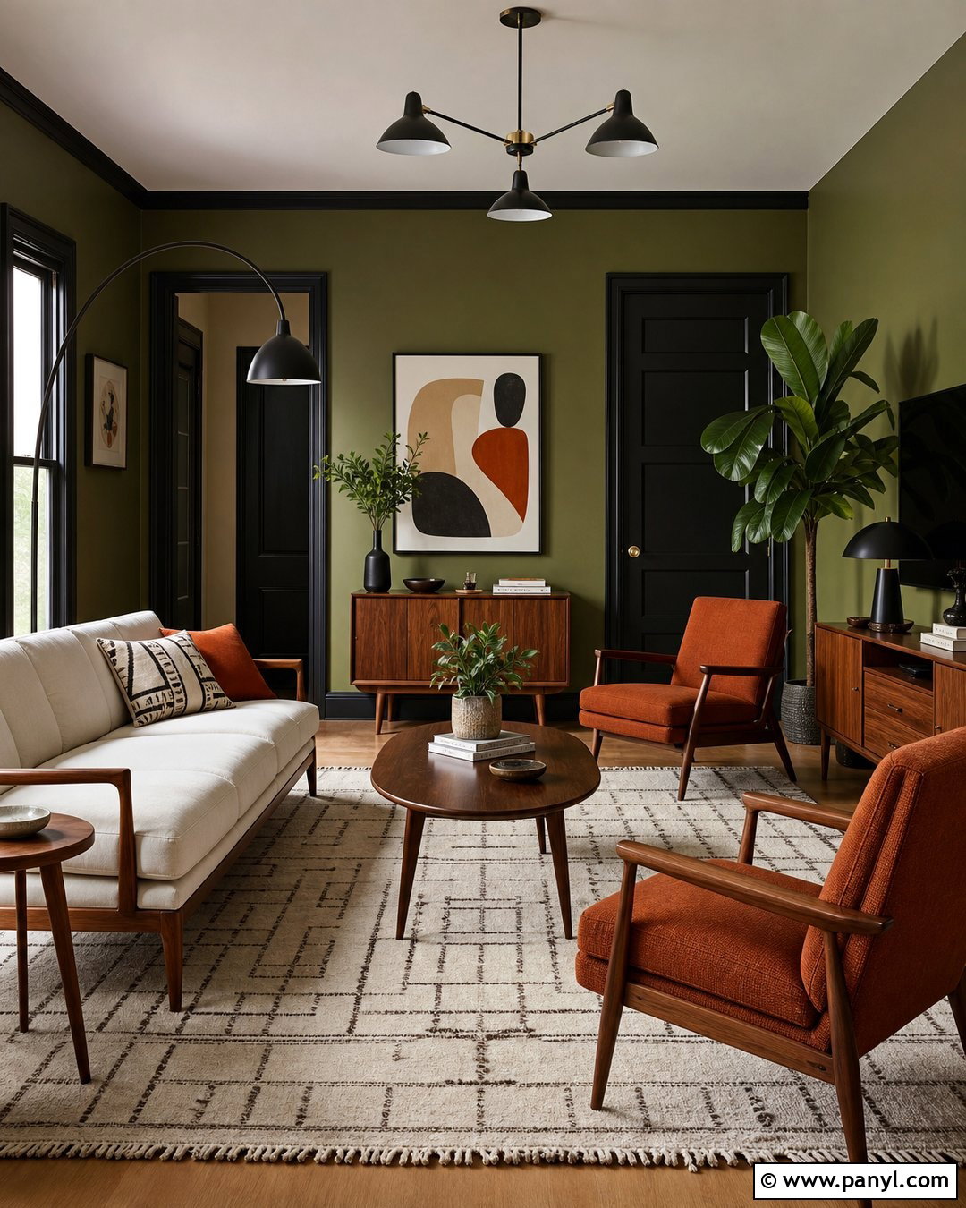 Avocado Green Midcentury Living Room With Black Trim - 25 Green Walls With Black Trim Ideas
