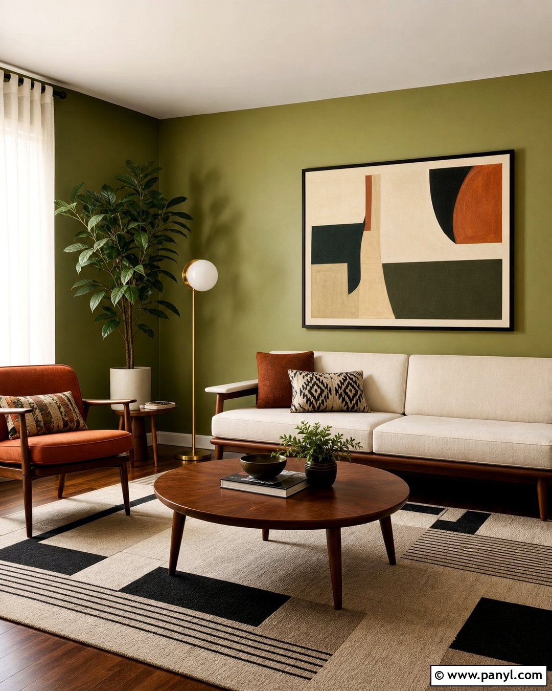 Avocado Green Midcentury Living Room - 30 Green Color Wall Ideas