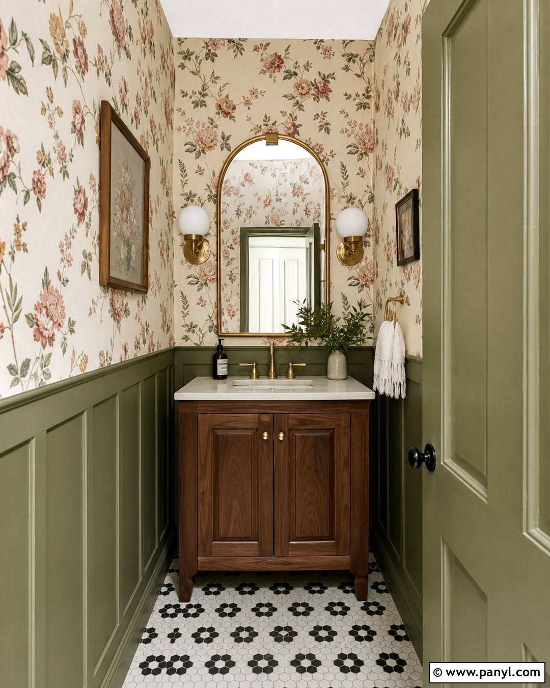Avocado Green Powder Room With Floral Wallpaper - 20 Avocado Green Wall Ideas
