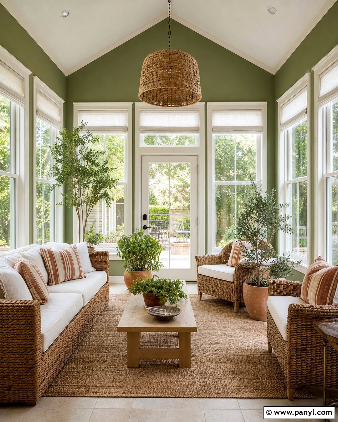 Avocado Green Sunroom With Wicker Furniture - 20 Avocado Green Wall Ideas