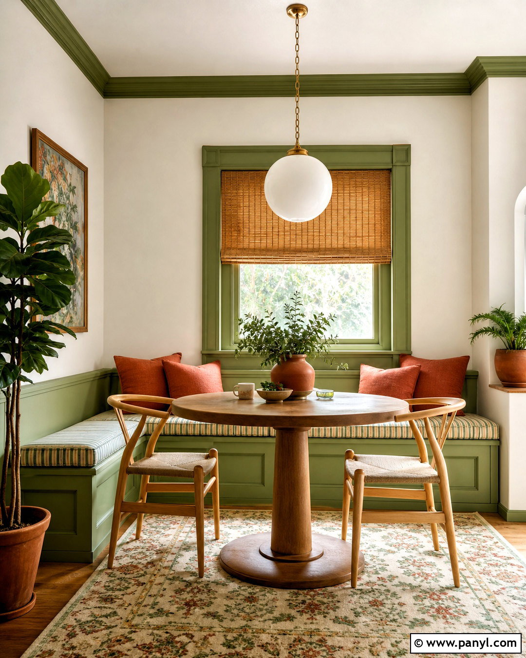 Avocado Green Trim Breakfast Nook - 20 white walls green trim ideas