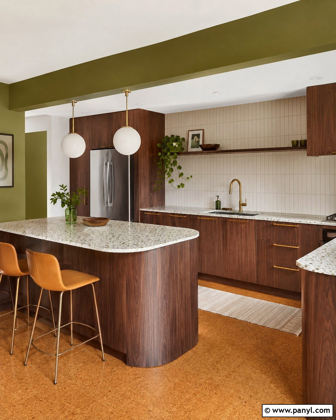 Avocado Green Walls With Midcentury Brown Cabinets - 20 Green Wall Brown Cabinet Kitchen Ideas