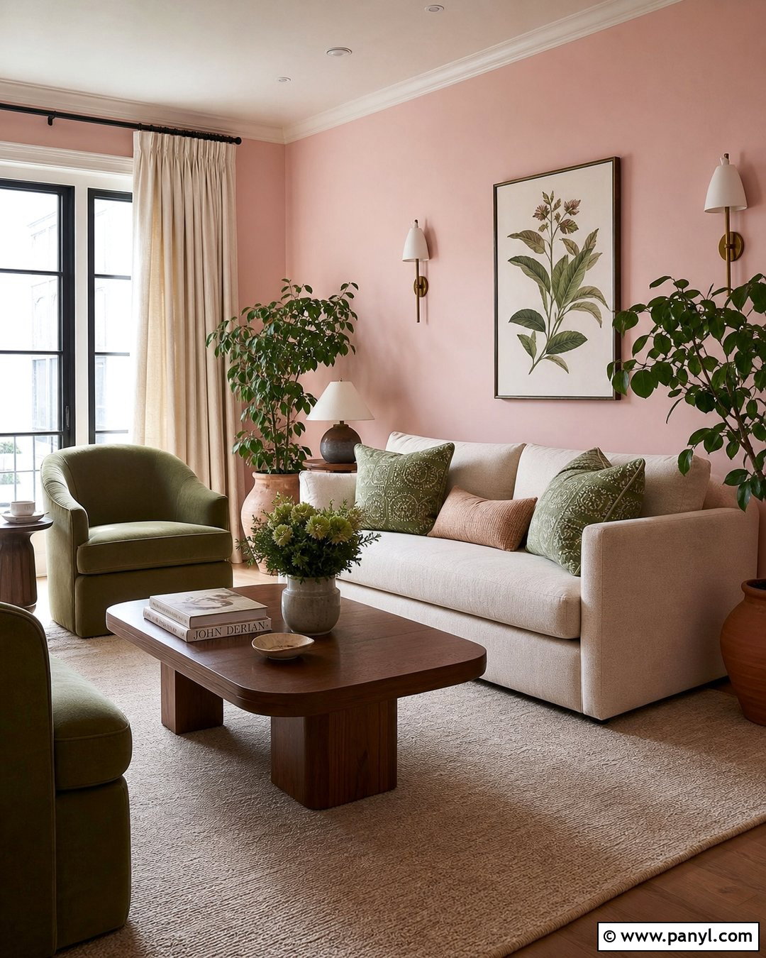 Baby Pink And Green Living Room - 35 Baby Pink Wall Ideas