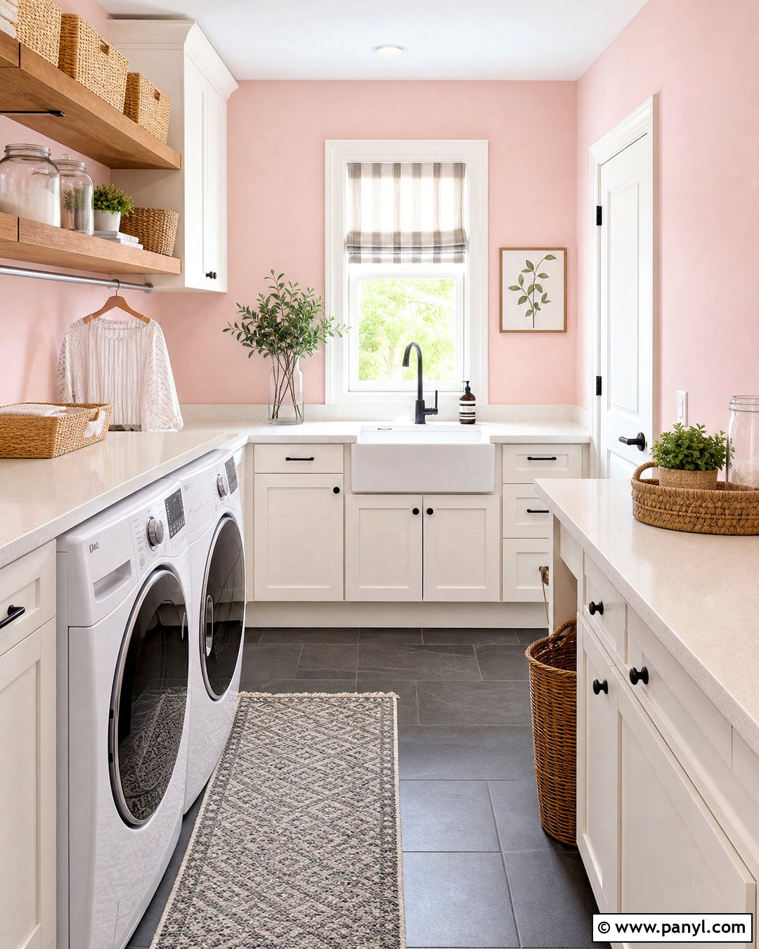 Baby Pink Laundry Room With Gray Tile - 20 baby pink paint ideas