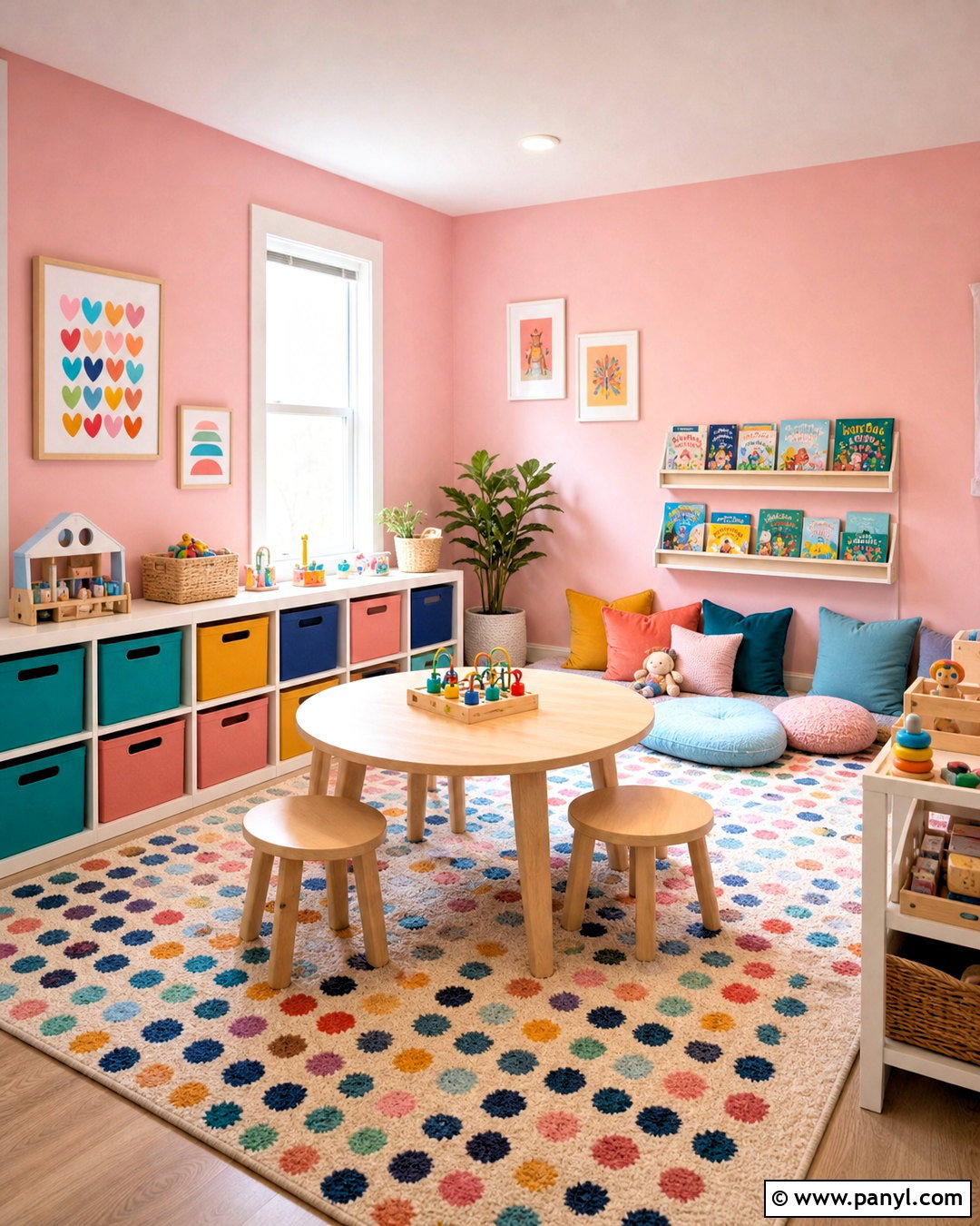 Baby Pink Playroom With Colorful Storage - 20 baby pink paint ideas