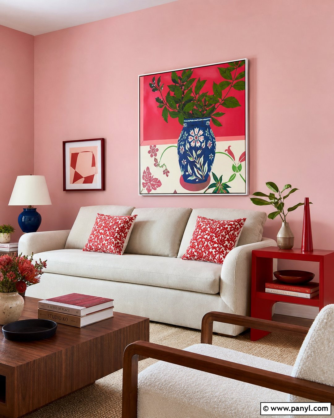 Baby Pink Wall With Red Accents - 35 Baby Pink Wall Ideas
