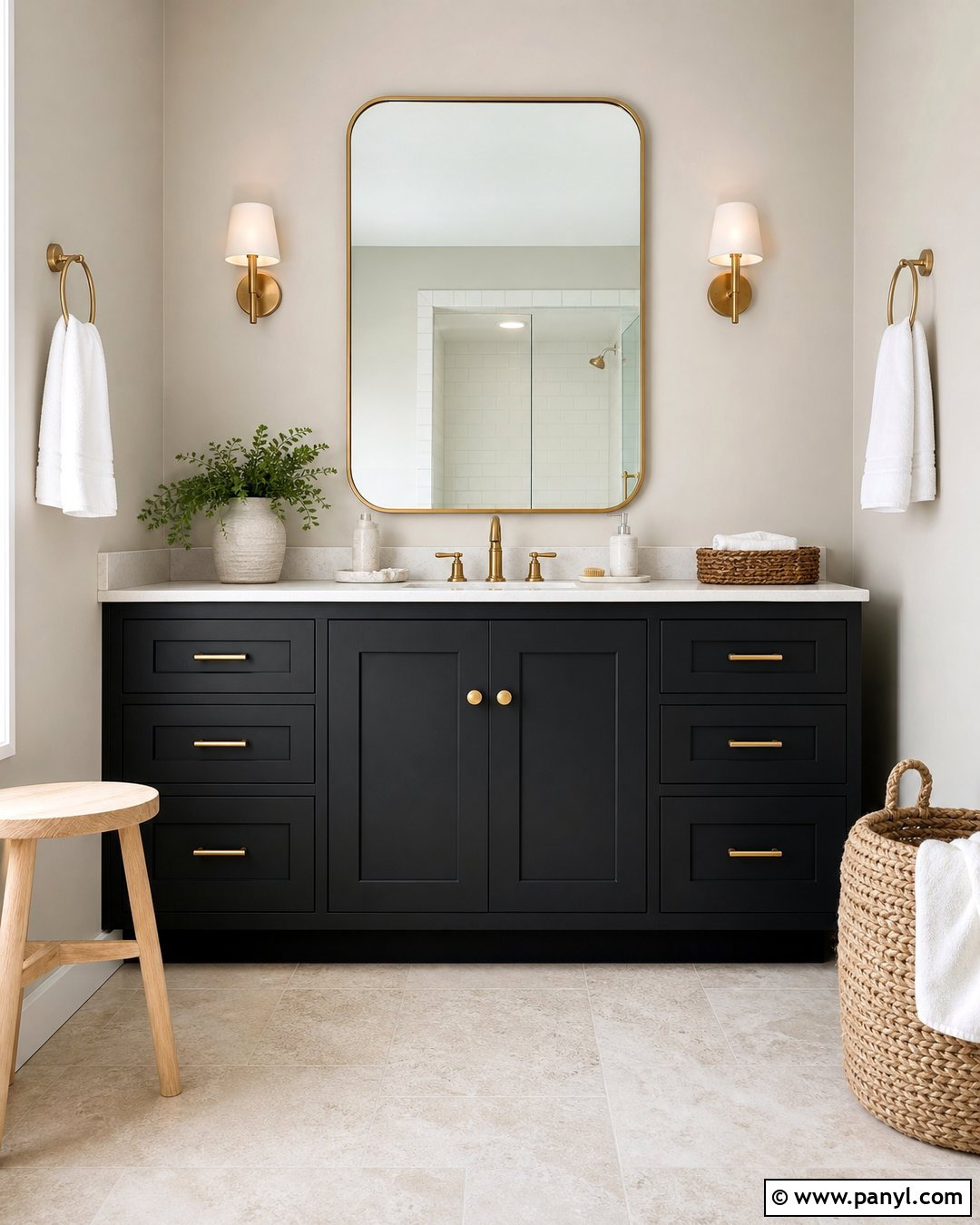 Balanced Beige Bathroom With Dark Vanity - 25 Balanced Beige Walls