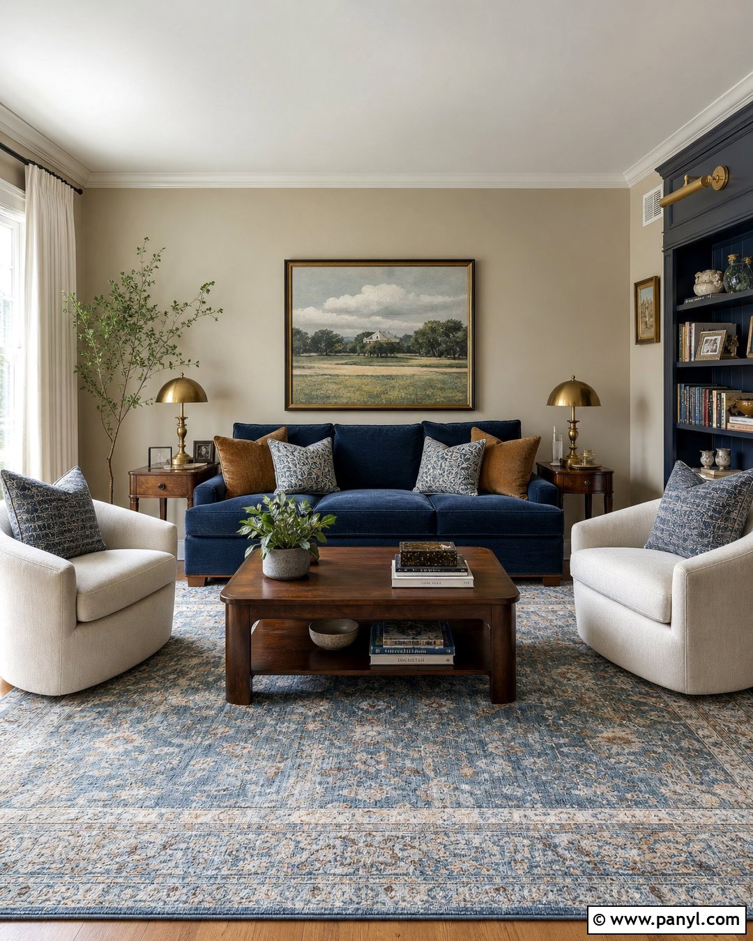 Balanced Beige Living Room With Navy Accents - 25 Balanced Beige Walls