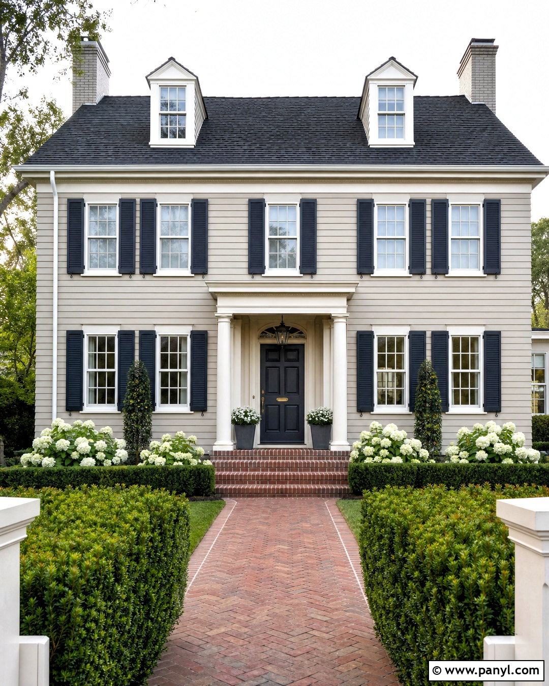 Balboa Mist Exterior With Navy Shutters - 20 balboa mist oc-27 exterior ideas