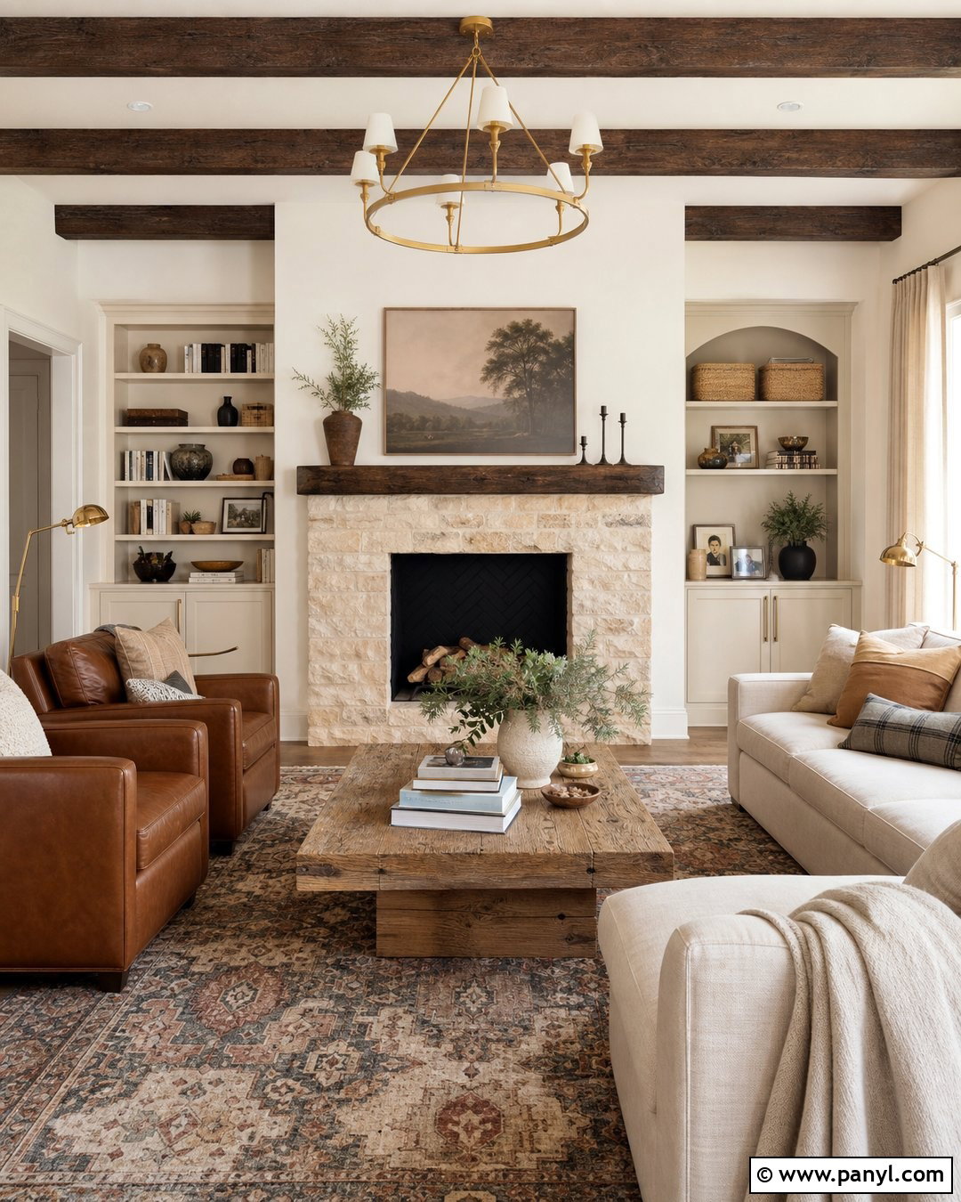 Ballet White Family Room With Stone Fireplace - 30 Ballet White Benjamin Moore Walls