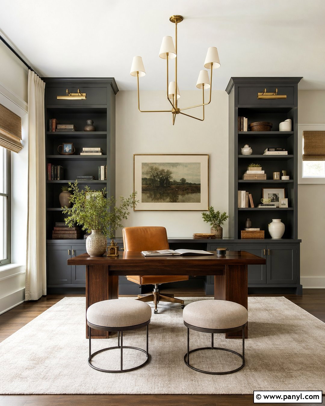 Ballet White Home Office With Dark Built-Ins - 30 Ballet White Benjamin Moore Walls