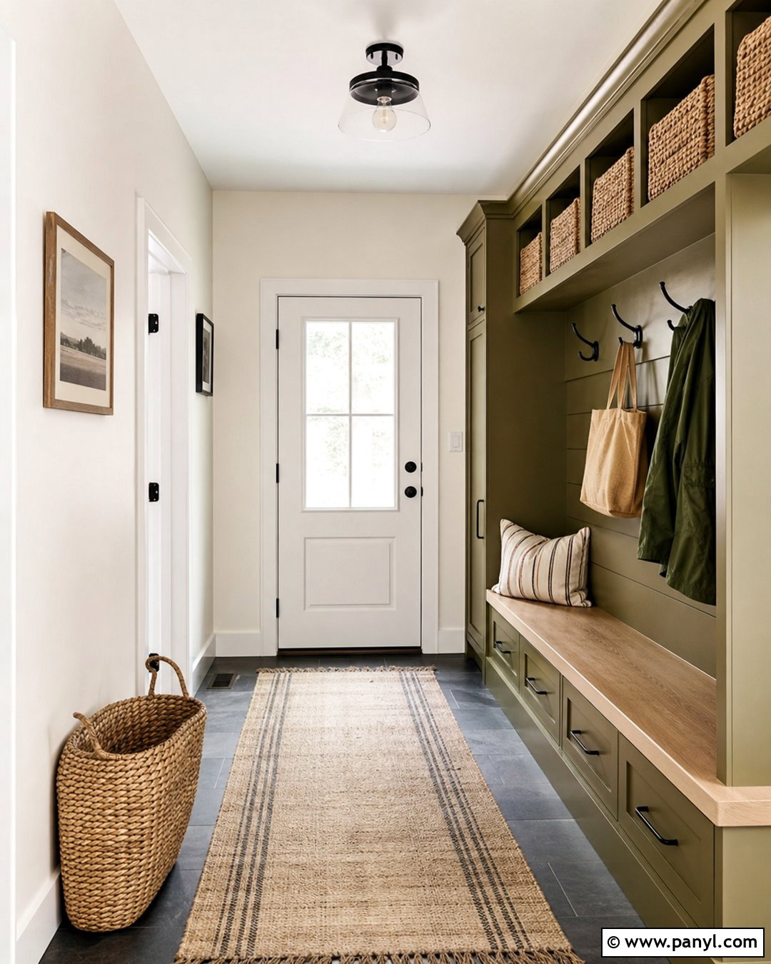 Ballet White Mudroom With Olive Cabinets - 30 Ballet White Benjamin Moore Walls