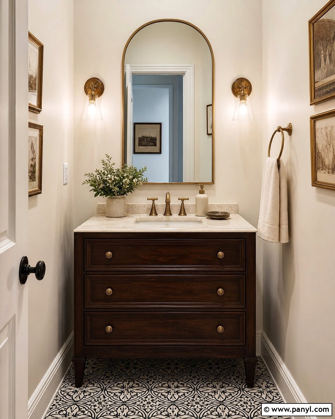 Ballet White Powder Room With Wood Vanity - 30 Ballet White Benjamin Moore Walls