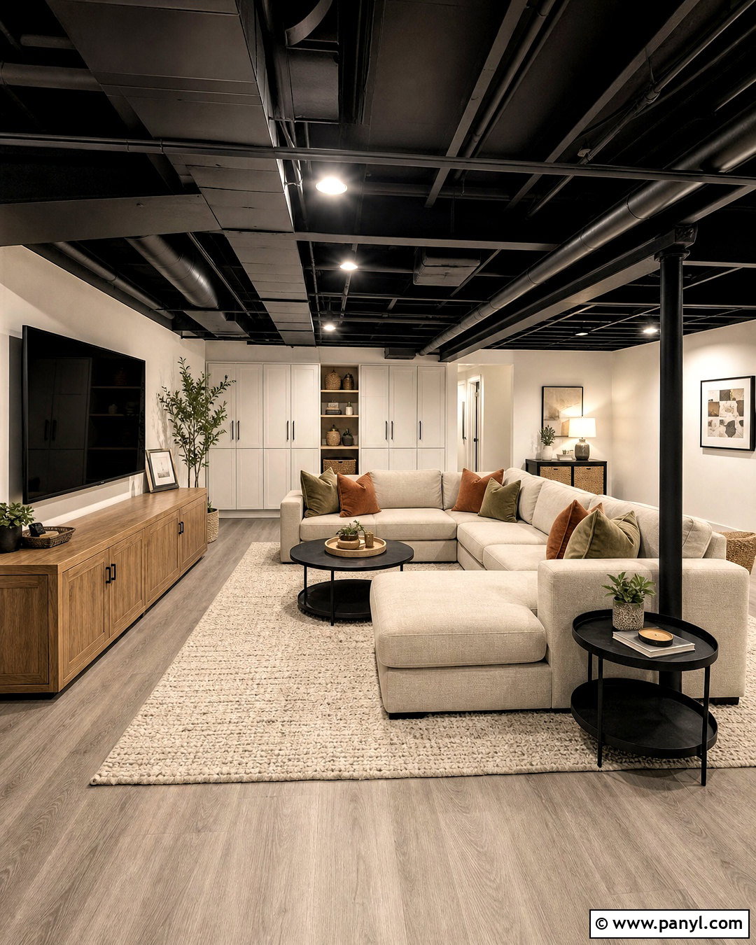 Basement Family Room With Black Ceiling And White Walls - 20 black ceiling white walls