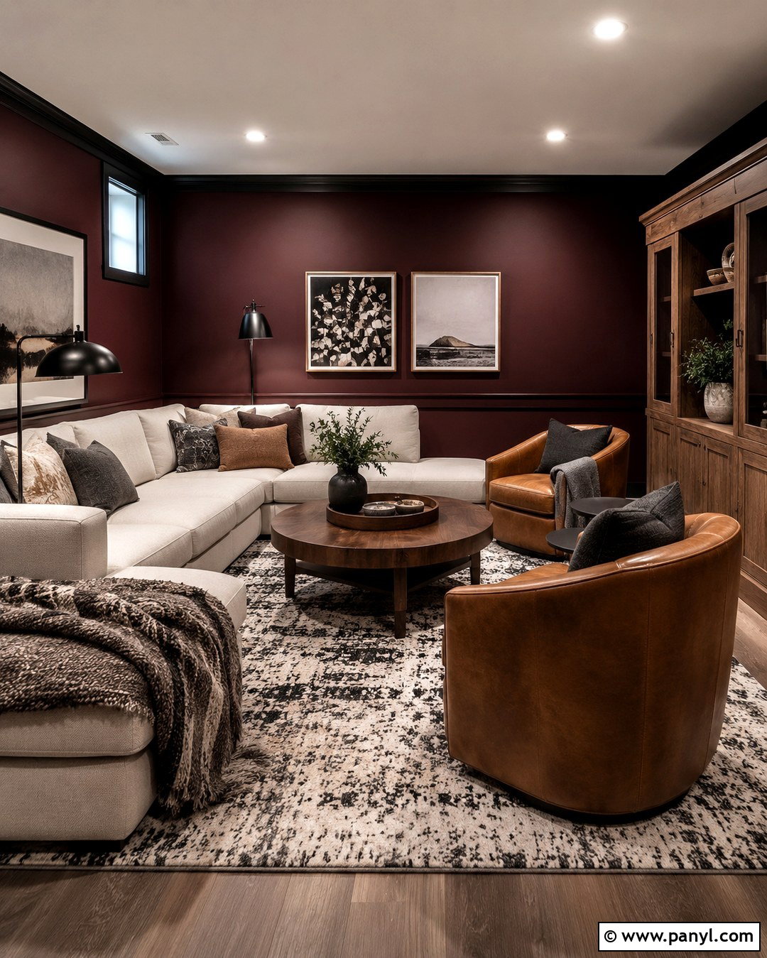 Basement Lounge With Burgundy Walls And Black Trim - 20 Burgundy Walls With Black Trim Ideas