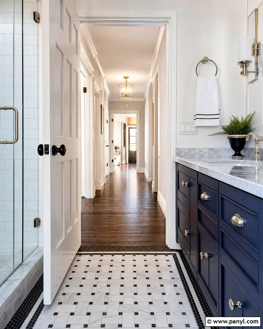 Basketweave Marble Tile And Dark Oak Hardwood - 20 tile and hardwood floor combination ideas