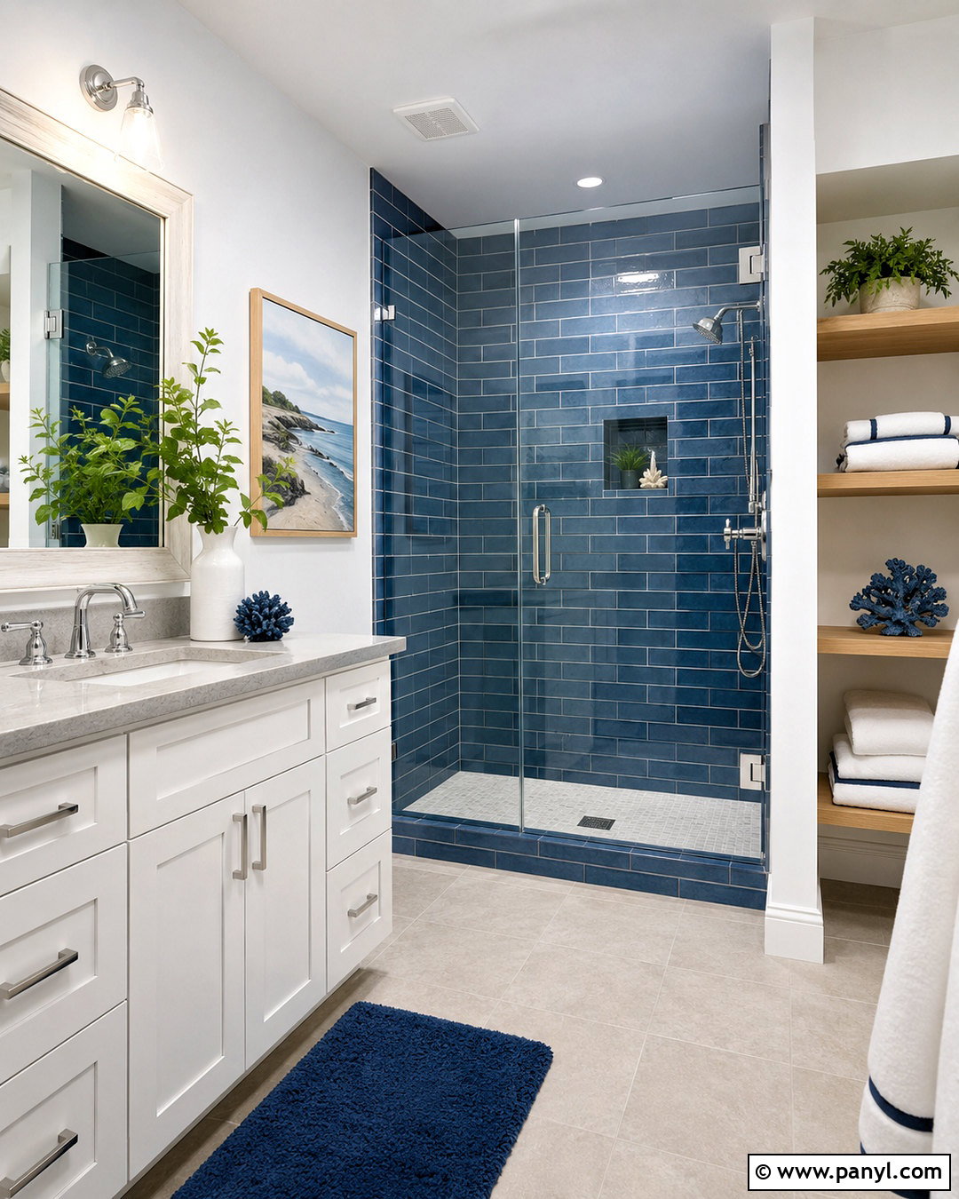 Bathroom With White Walls And Blue Shower Tile - 20 White Walls In Bathroom Ideas