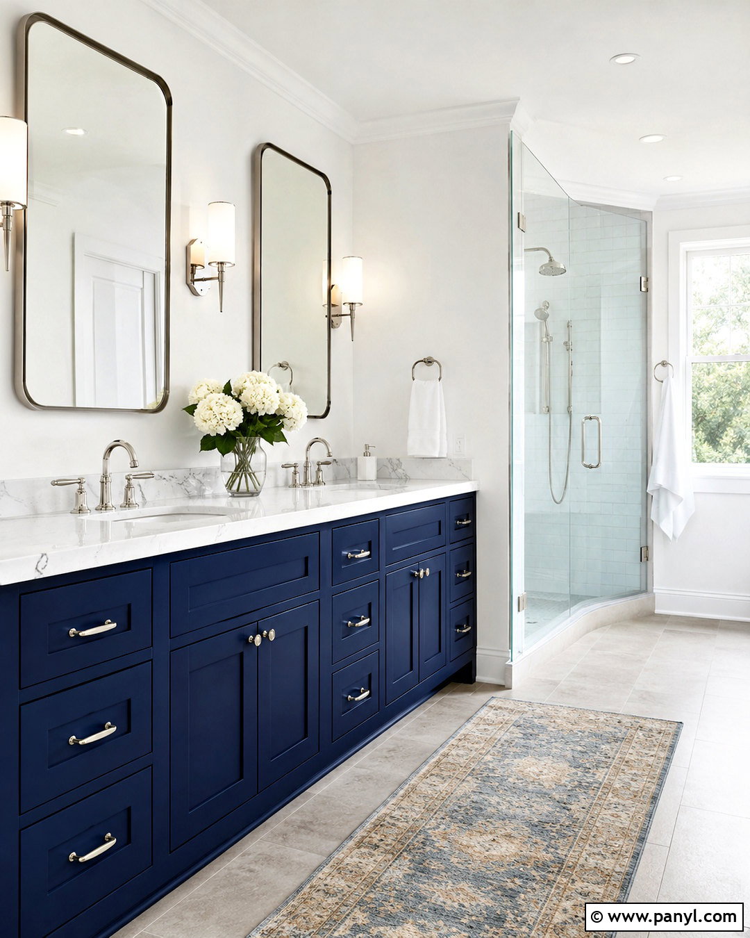 Bathroom With White Walls And Navy Vanity - 20 White Walls In Bathroom Ideas