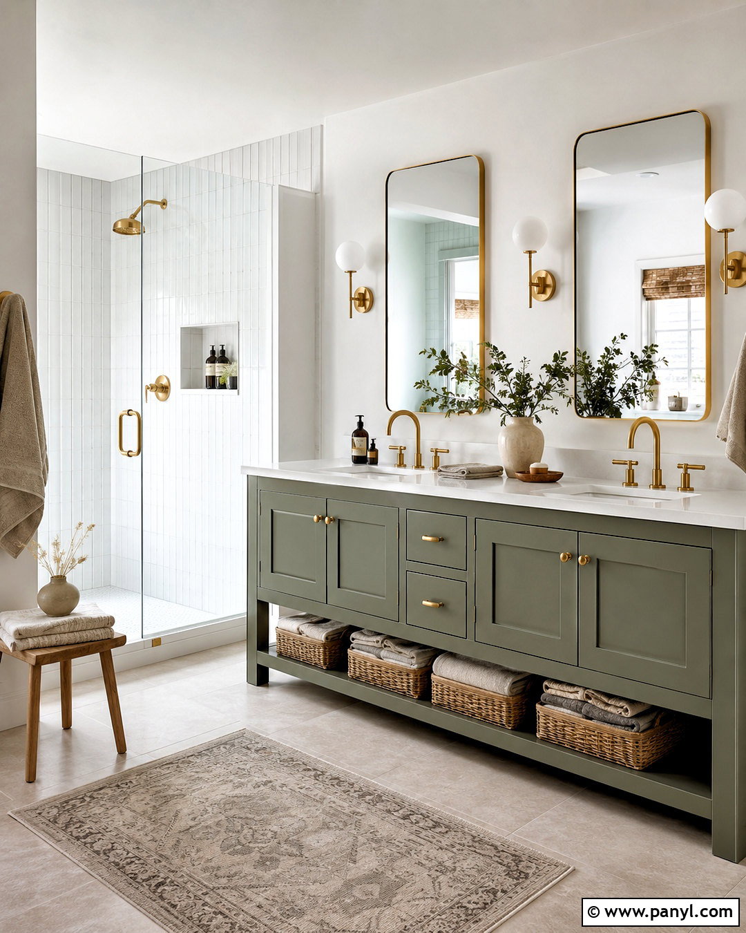 Bathroom With White Walls And Sage Green Vanity - 20 White Walls In Bathroom Ideas