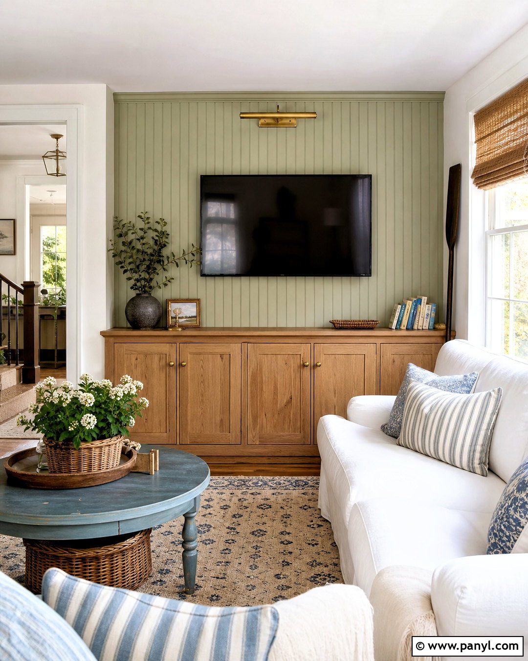 Beadboard TV Wall With Cottage Decor - 20 small living room tv wall ideas