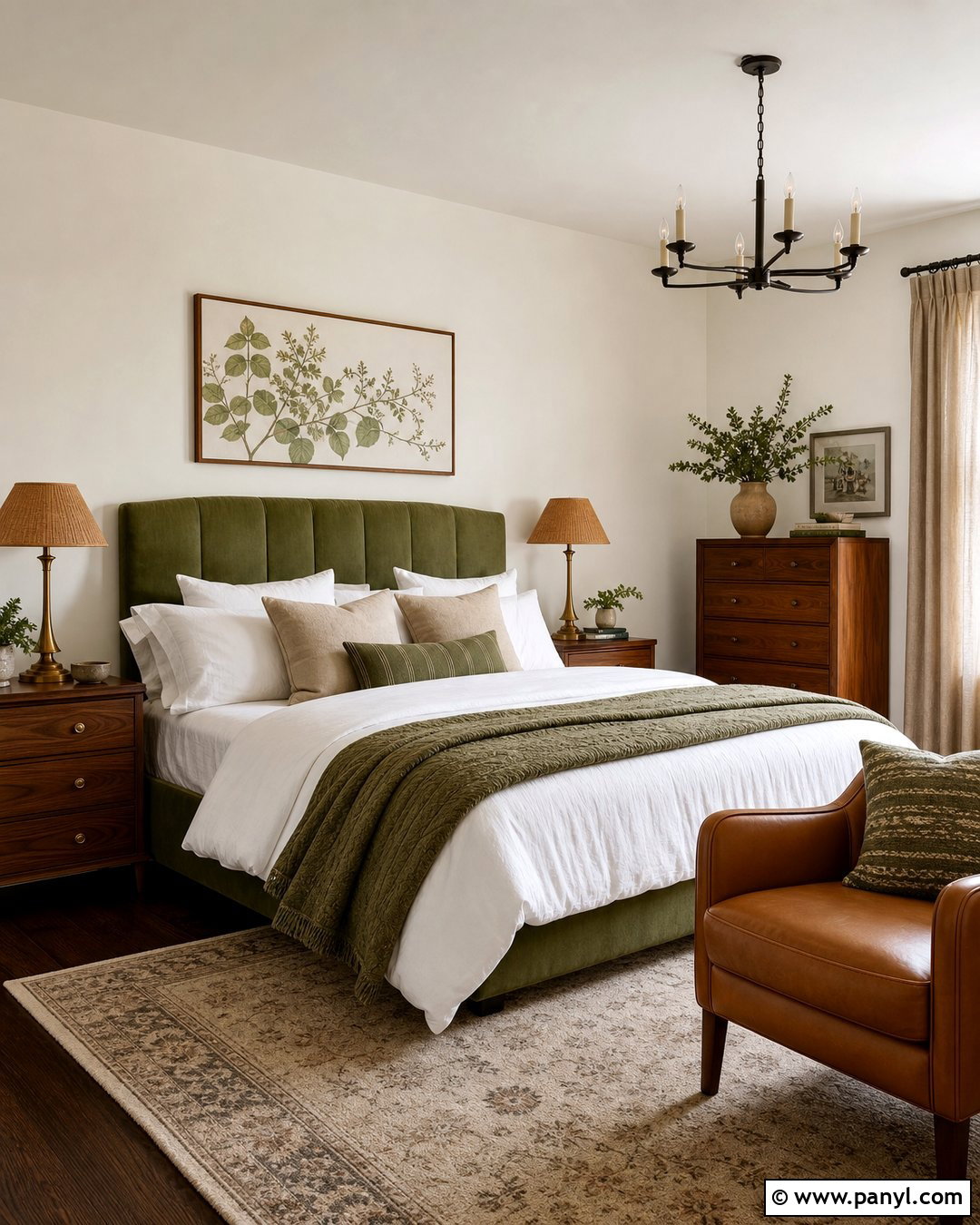 Bedroom With Green Accents And Dark Wood Floors - 20 White Walls Dark Wood Floors