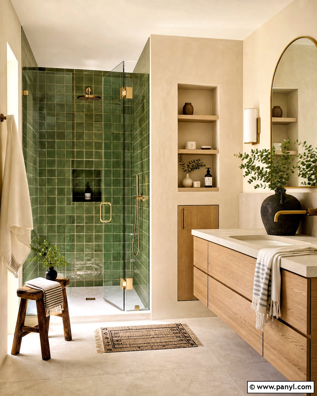 Beige Bathroom with Green Zellige Tile - 20 beige and green bathroom ideas