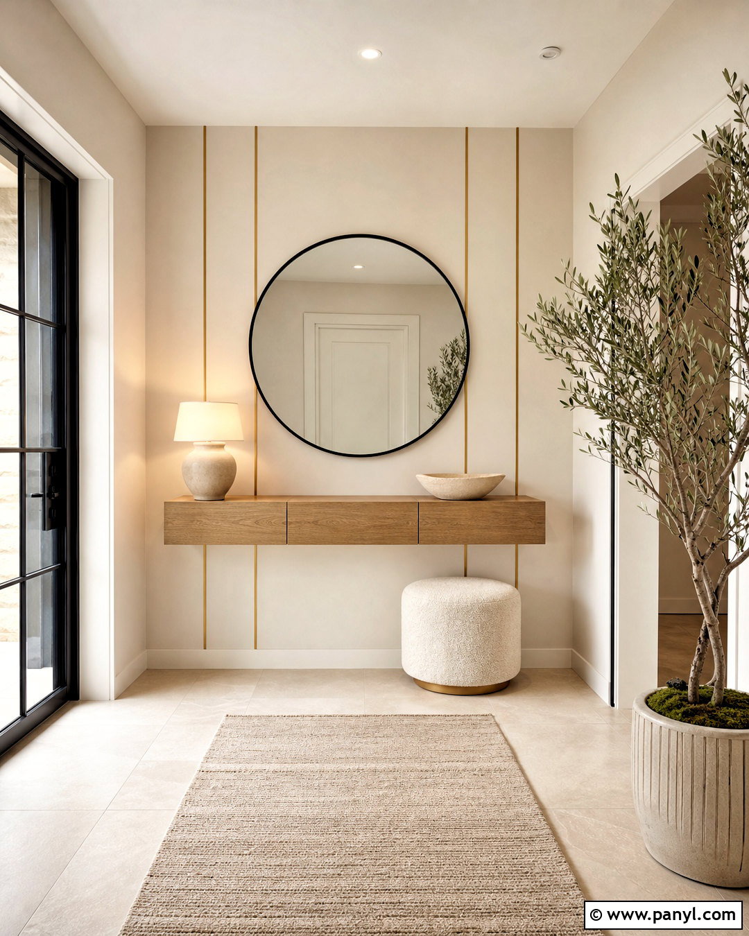 Beige Console Wall With Minimal Gold Strips - 20 golden strips on wall ideas