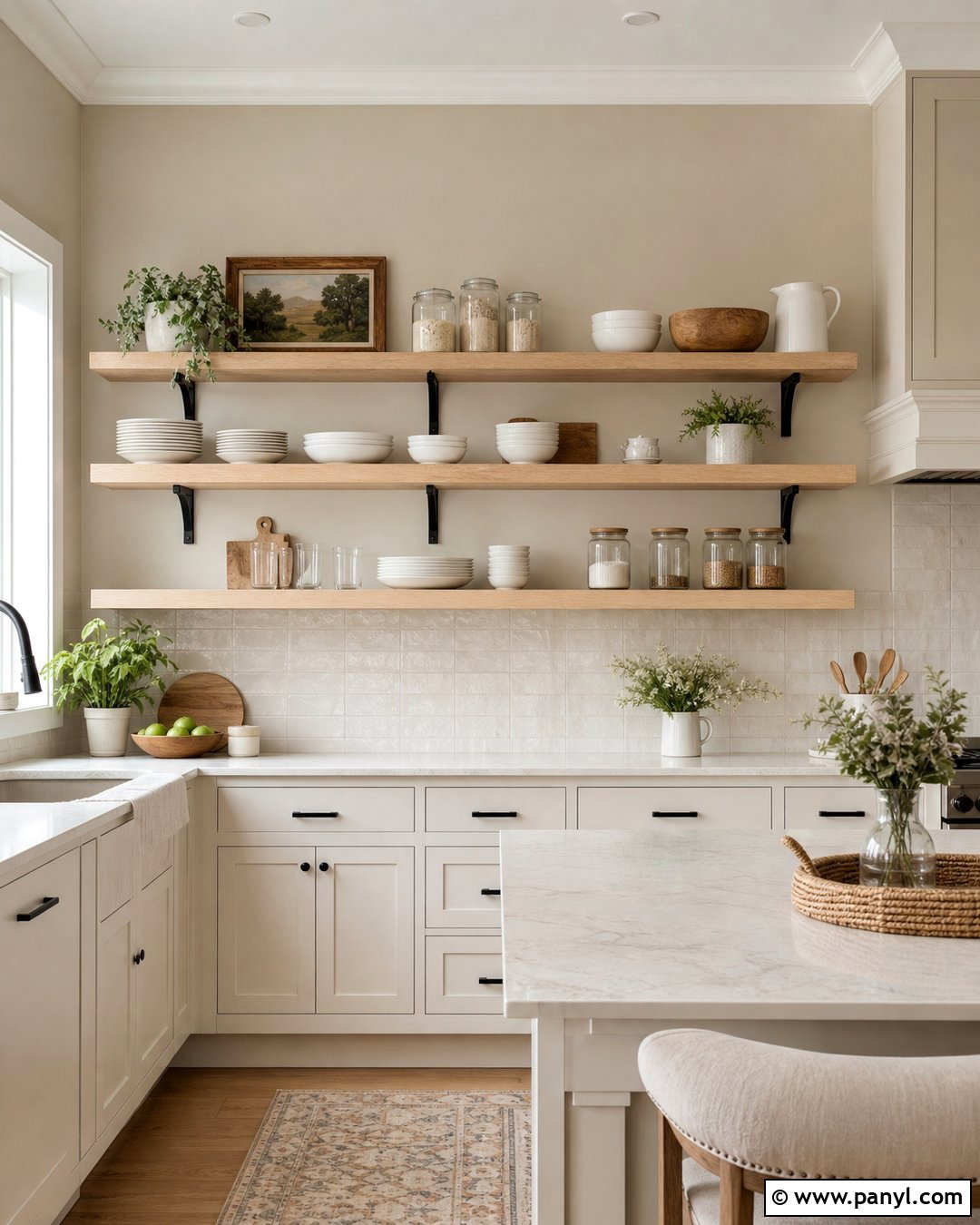 Beige Kitchen Walls With Wood Open Shelves - 35 beige kitchen walls