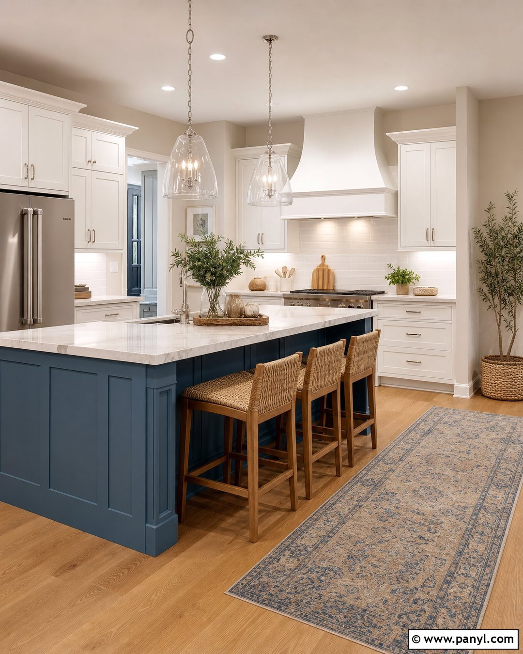 Beige Kitchen Walls With a Blue Island - 35 beige kitchen walls