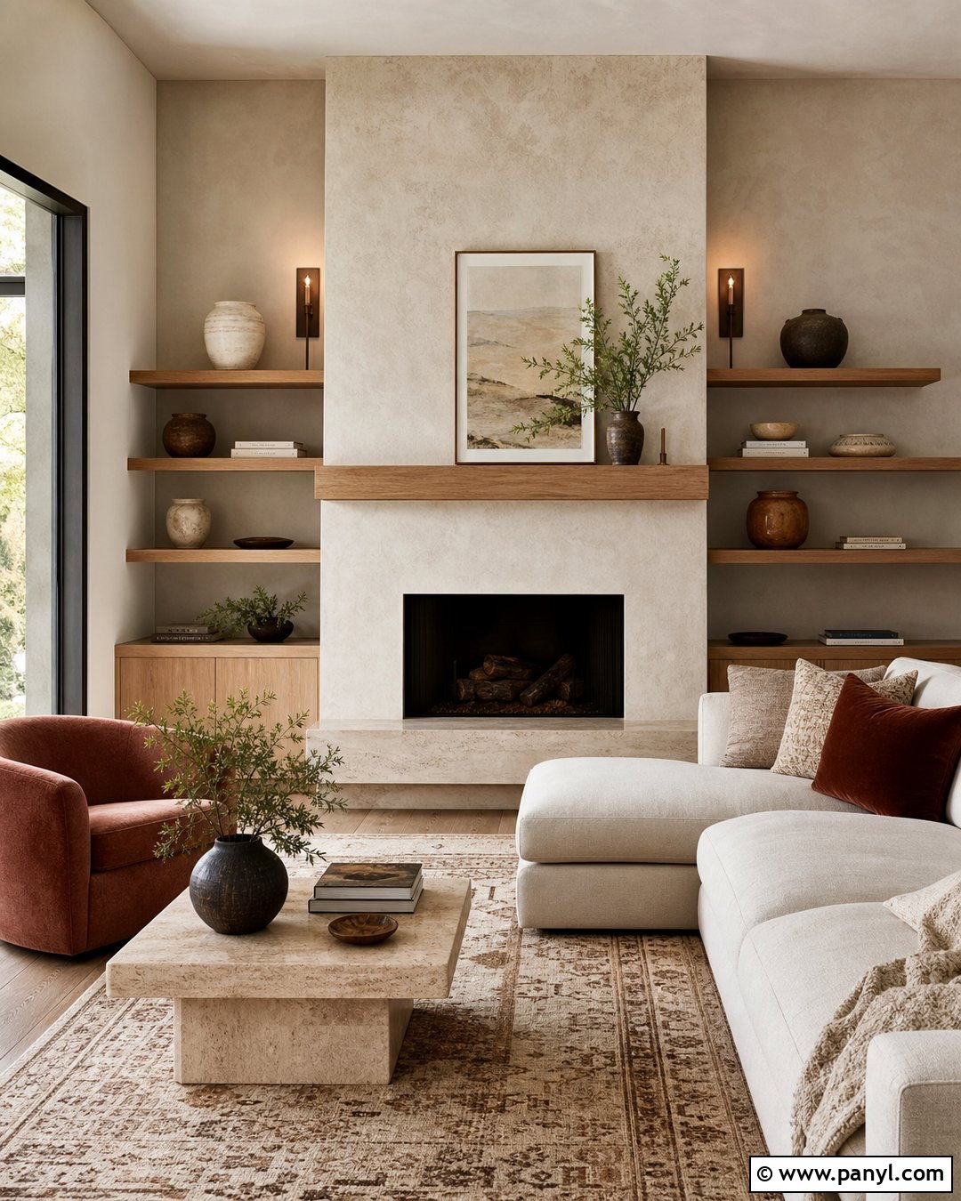 Beige Limewash Fireplace With Oak Mantel - 20 Limewash Paint Fireplace Wall Ideas