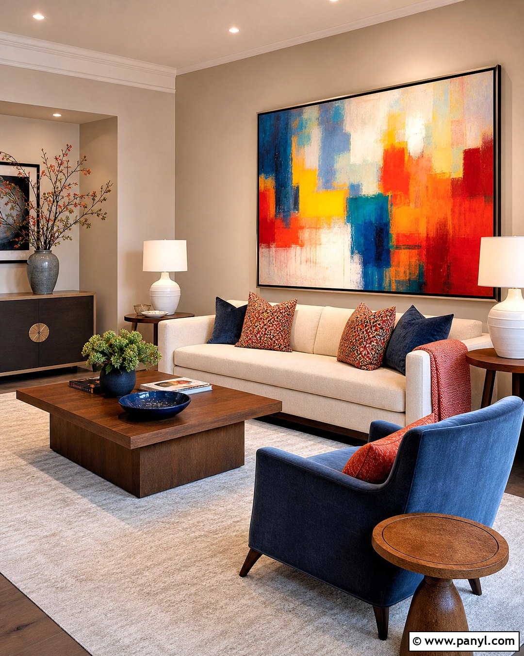 Beige Living Room With Colorful Art - 20 beige color palette living room ideas