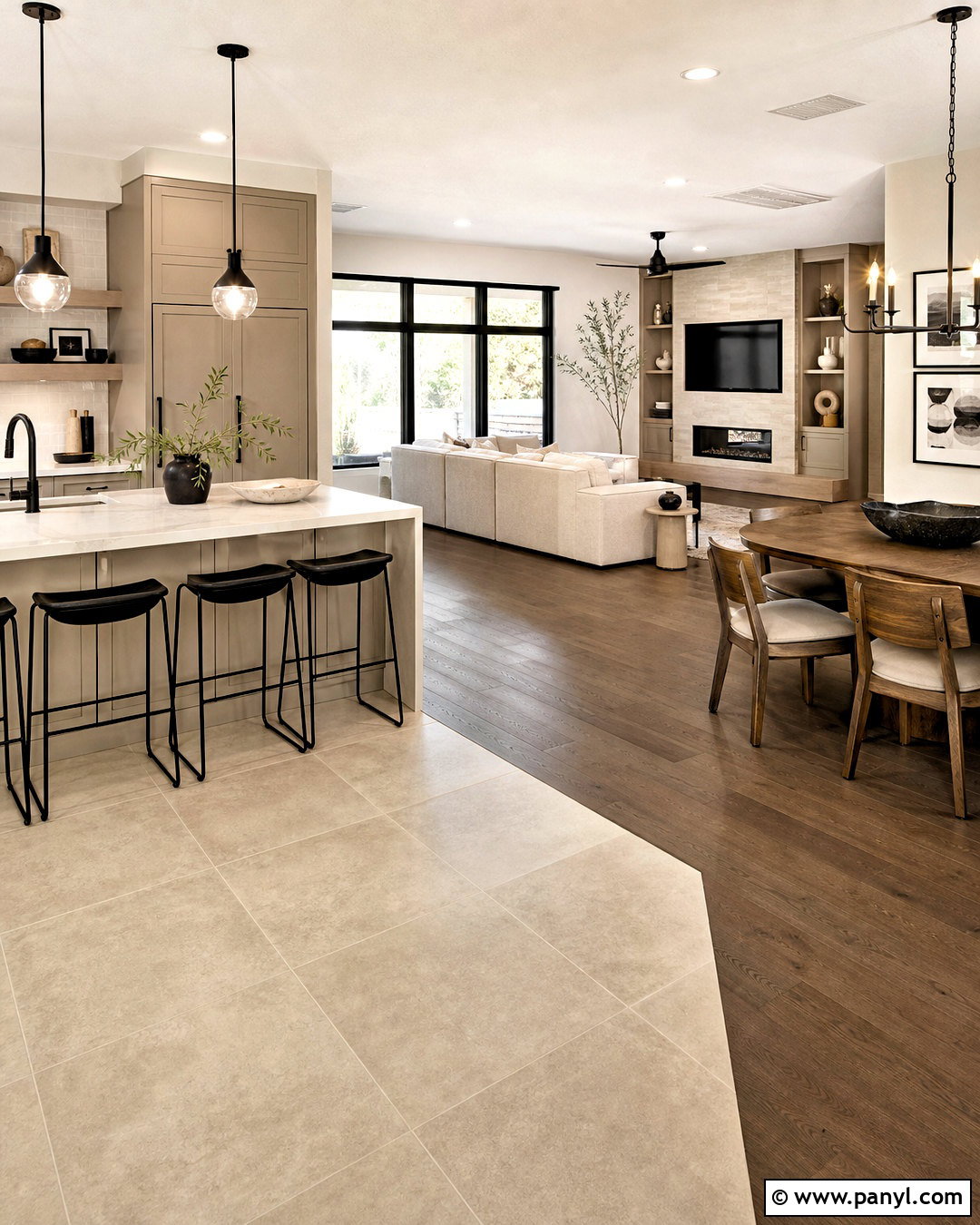 Beige Porcelain Tile And Smoked Oak Hardwood - 20 tile and hardwood floor combination ideas