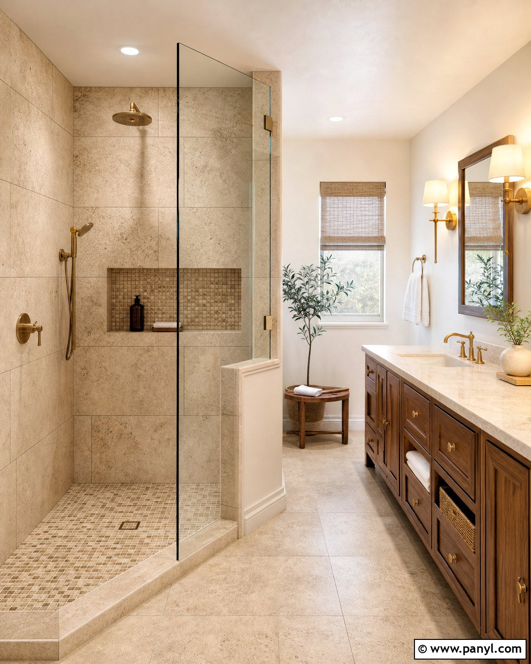 Beige Stone And Brown Mosaic Bathroom Tile Combination - 20 tiles combination for bathroom ideas