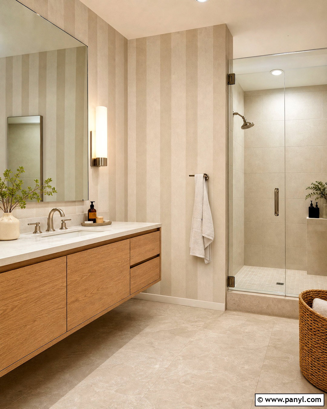 Beige Tone-On-Tone Bathroom Stripes - 20 striped bathroom walls