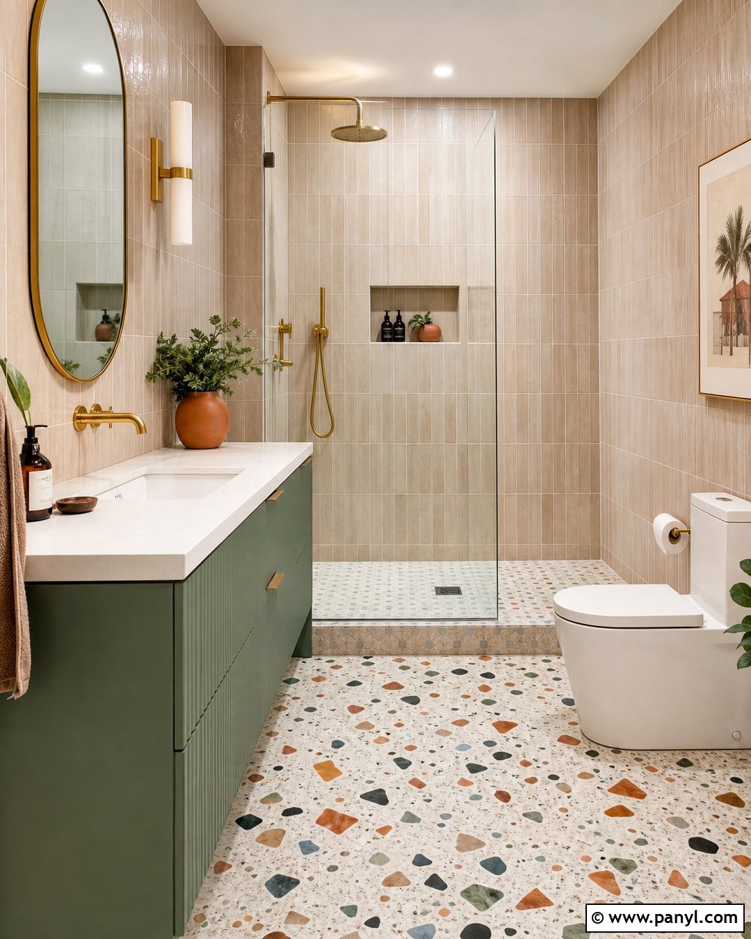 Beige Wall Tiles With Multicolor Terrazzo Floor Tiles - 25 Wall And Floor Tiles Color Combination Ideas