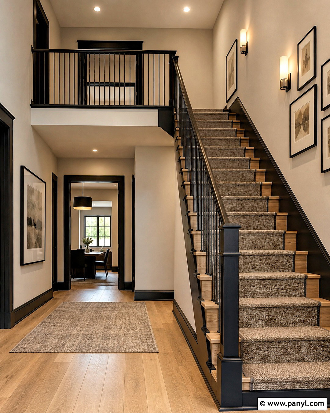 Beige Walls With Black Trim Staircase - 40 Light Walls With Dark Trim Ideas