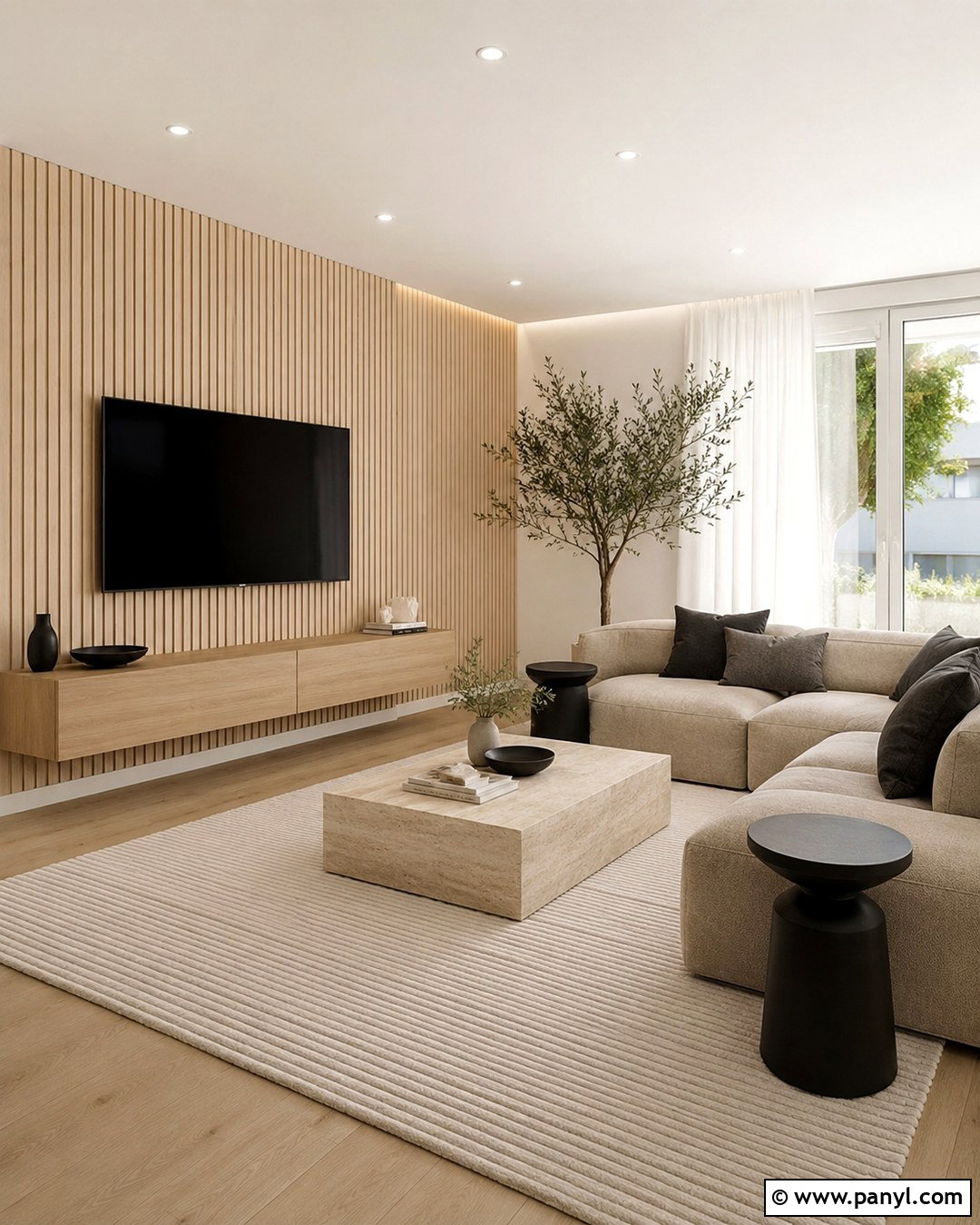 Beige Wood Slat Feature Wall Living Room - 20 Beige Feature Wall Living Rooms