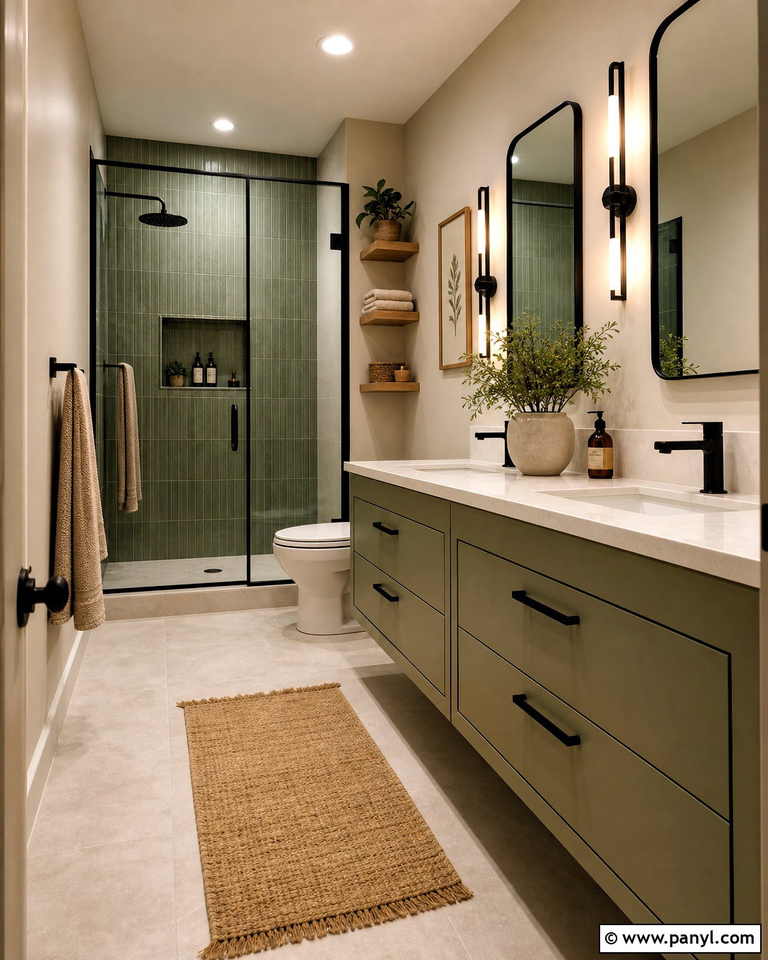 Beige and Green Bathroom with Black Fixtures - 20 beige and green bathroom ideas
