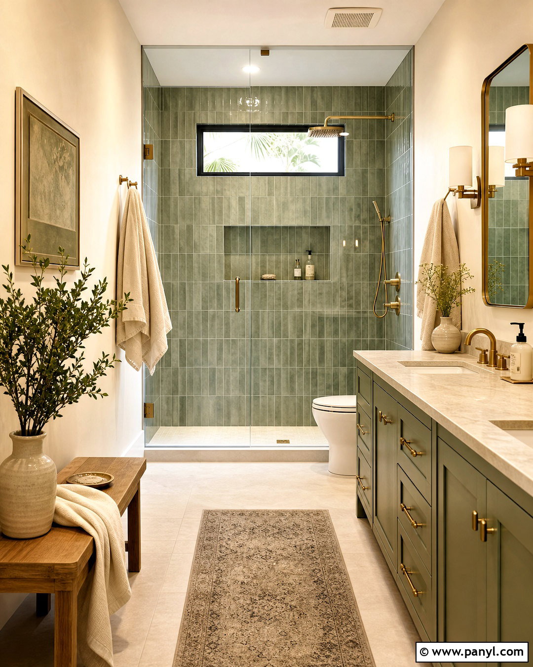 Beige and Green Bathroom with Brass Fixtures - 20 beige and green bathroom ideas