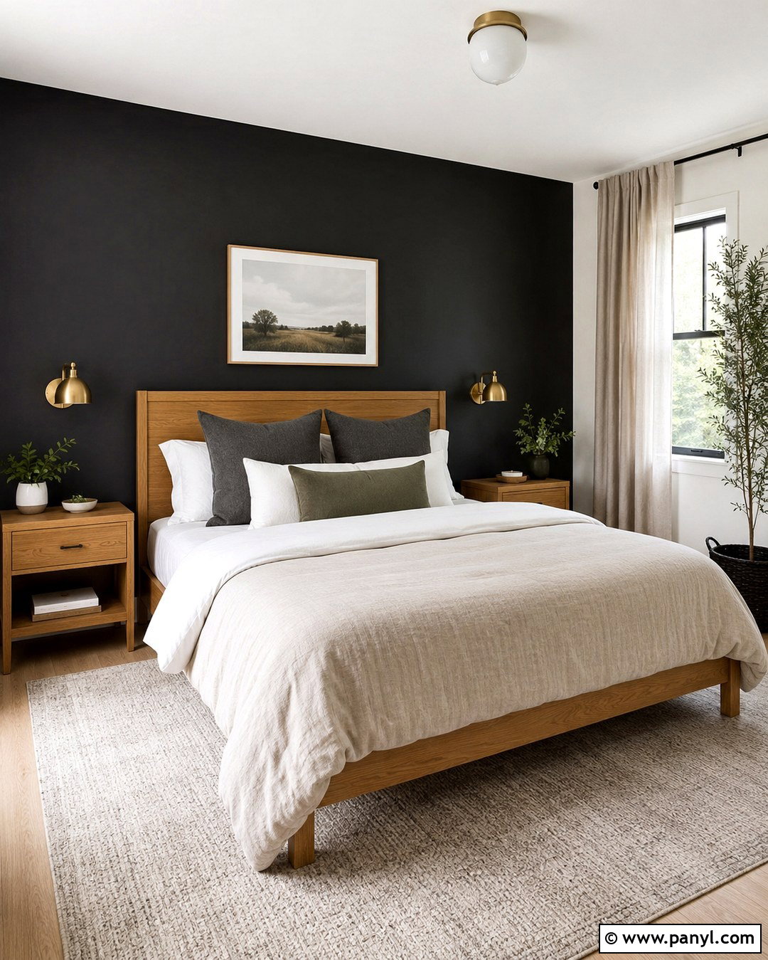 Black Accent Wall Bedroom With White Bedding - 20 Black Accent Wall Apartment Ideas