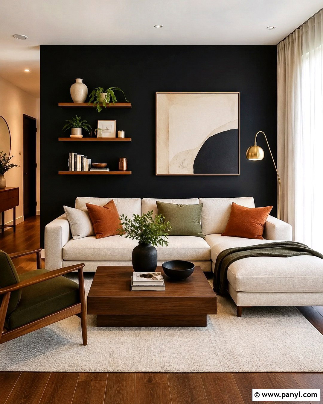 Black Accent Wall Living Room With Warm Wood - 20 Black Accent Wall Apartment Ideas
