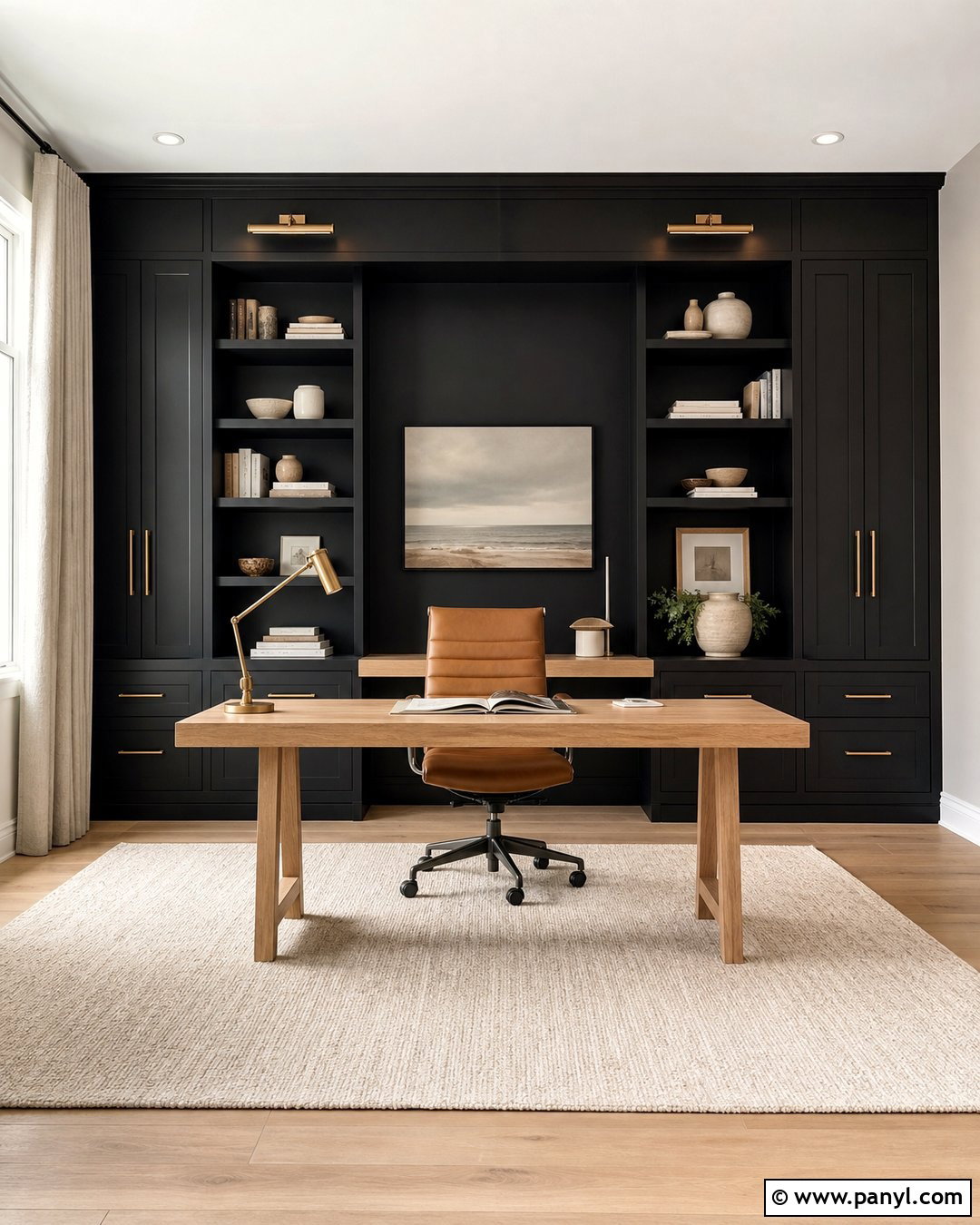 Black Accent Wall Office With Built-Ins - 35 Black Accent Wall Office Ideas