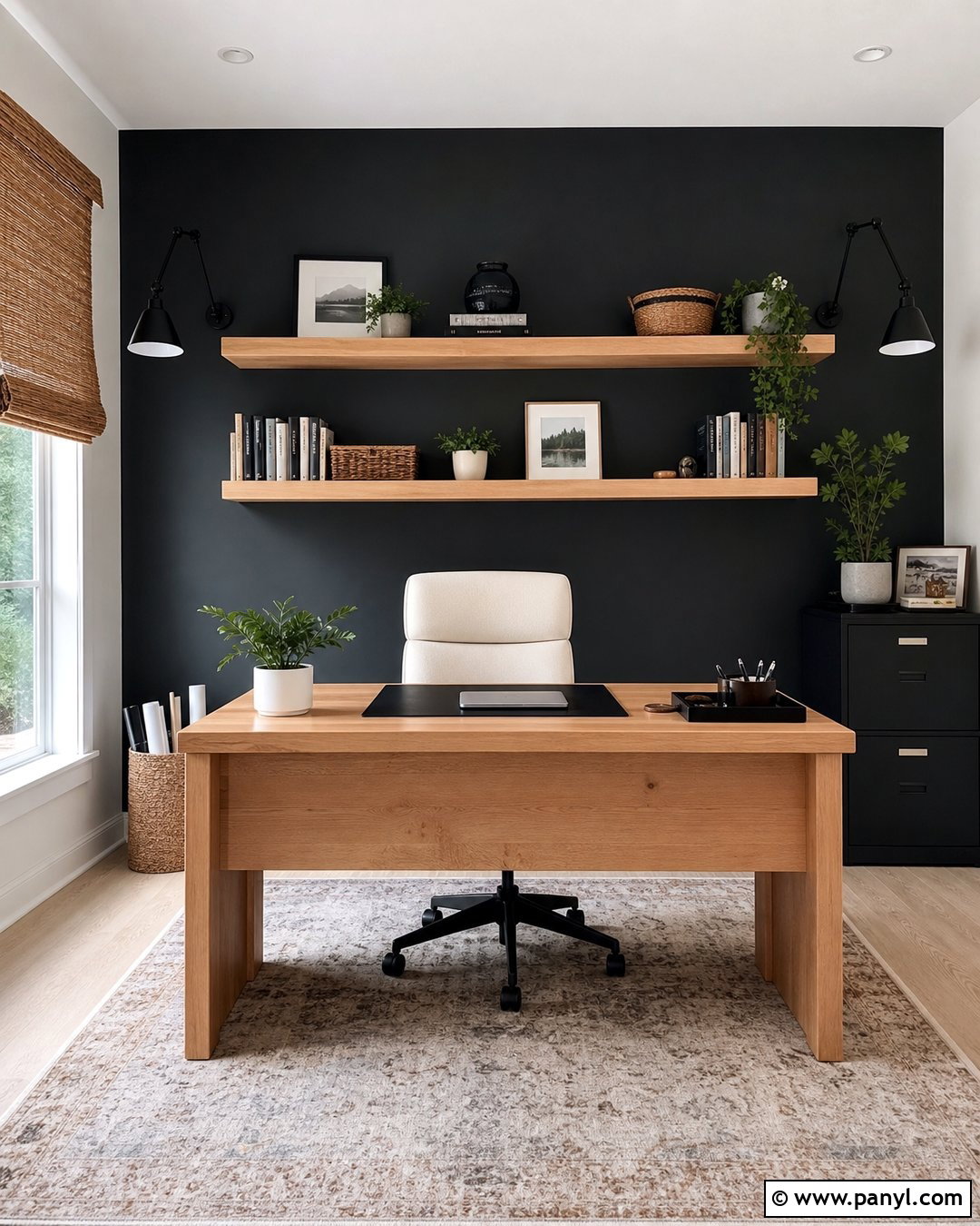 Black Accent Wall Office With Floating Shelves - 35 Black Accent Wall Office Ideas