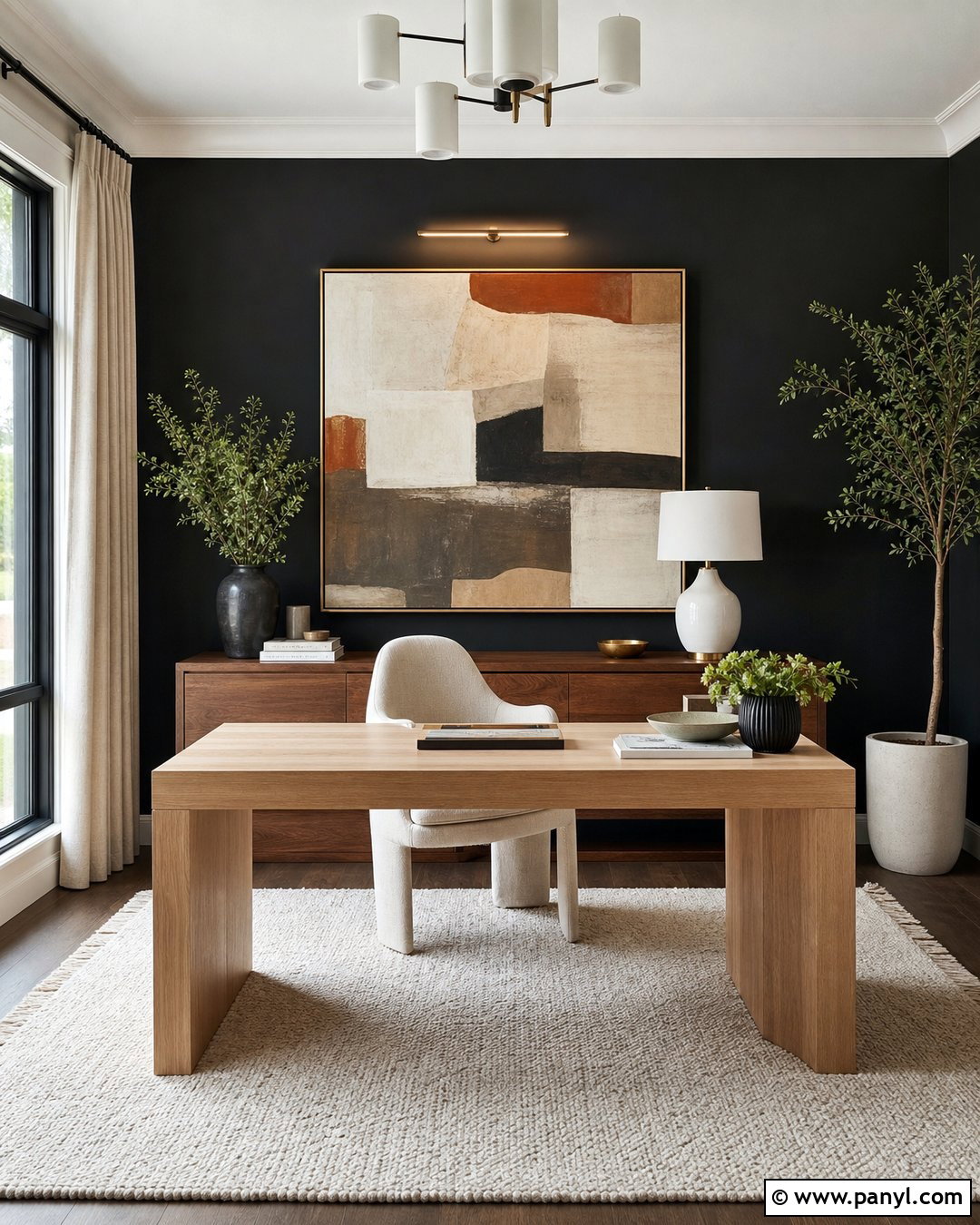 Black Accent Wall Office With Large Art - 35 Black Accent Wall Office Ideas
