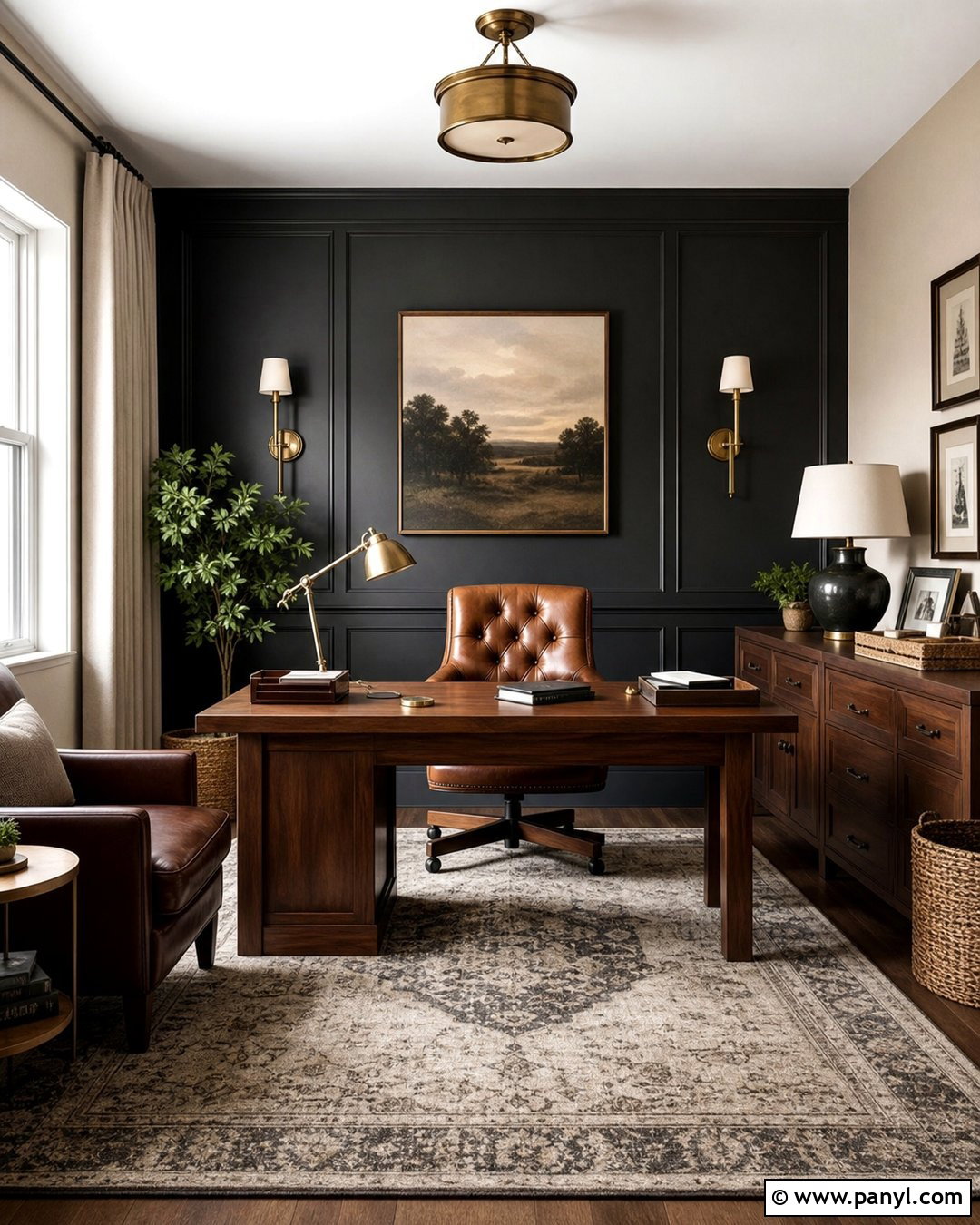 Black Accent Wall Office With Leather Chair - 35 Black Accent Wall Office Ideas