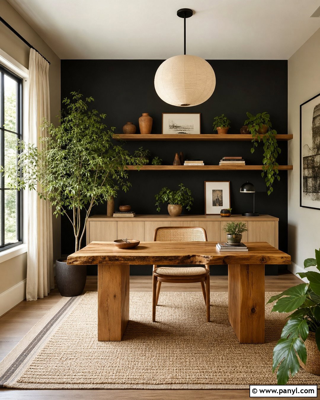 Black Accent Wall Office With Natural Wood - 35 Black Accent Wall Office Ideas