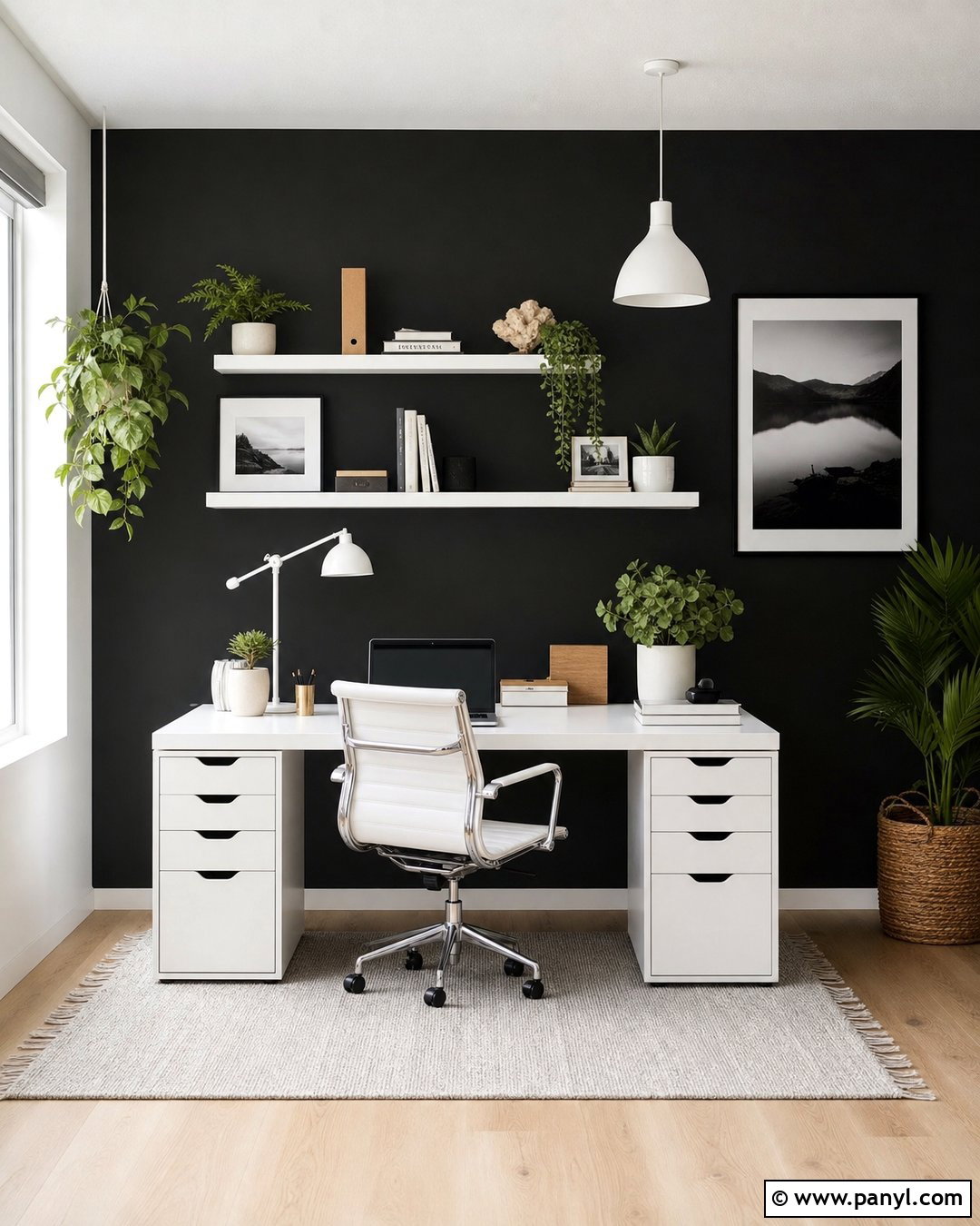 Black Accent Wall Office With White Desk - 35 Black Accent Wall Office Ideas