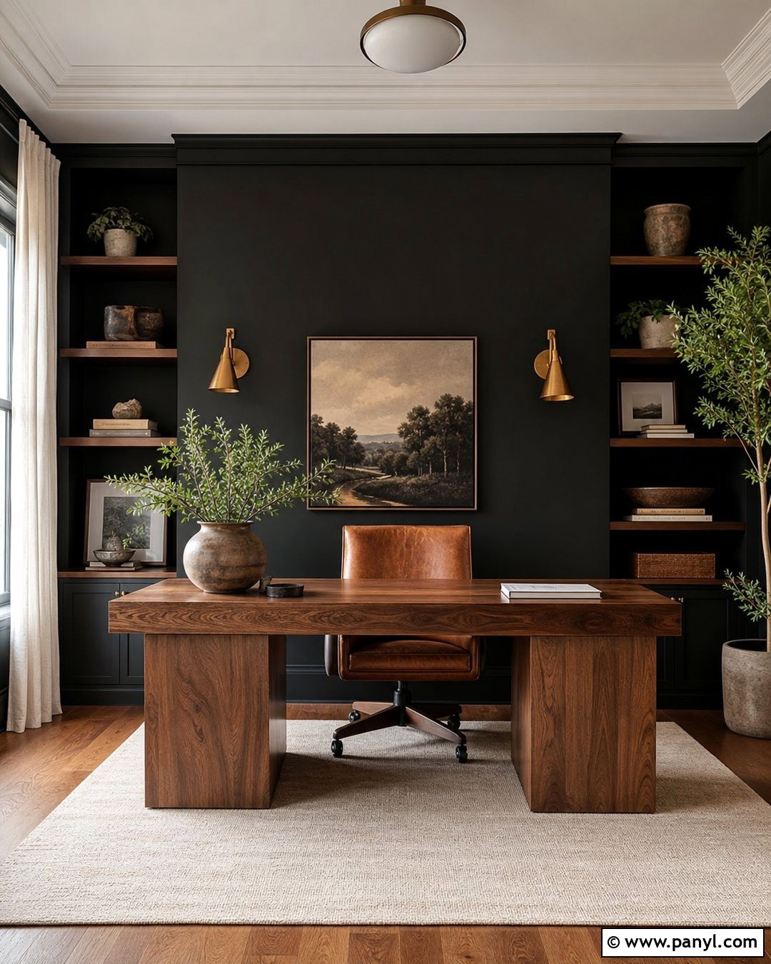 Black Accent Wall Office With Wood Desk - 35 Black Accent Wall Office Ideas